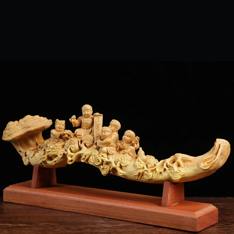 29cm Five Boys Ganoderma Ruyi Feng Shui Wood Carving Home Decoration Solid Wood Sculpture Craft Chinese Gift Collection