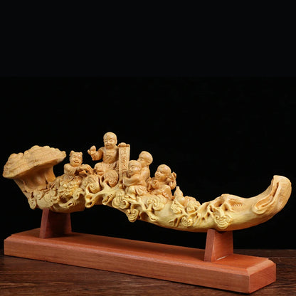 29cm Five Boys Ganoderma Ruyi Feng Shui Wood Carving Home Decoration Solid Wood Sculpture Craft Chinese Gift Collection