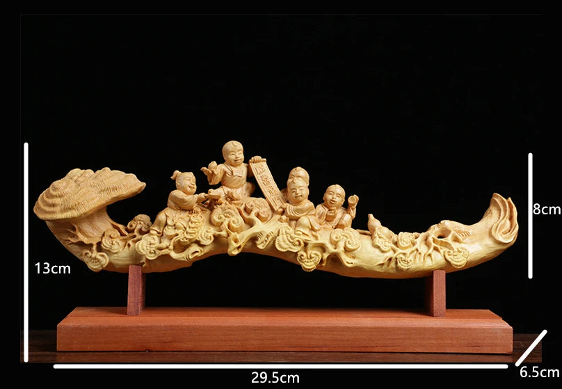 29cm Five Boys Ganoderma Ruyi Feng Shui Wood Carving Home Decoration Solid Wood Sculpture Craft Chinese Gift Collection