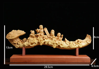 29cm Five Boys Ganoderma Ruyi Feng Shui Wood Carving Home Decoration Solid Wood Sculpture Craft Chinese Gift Collection