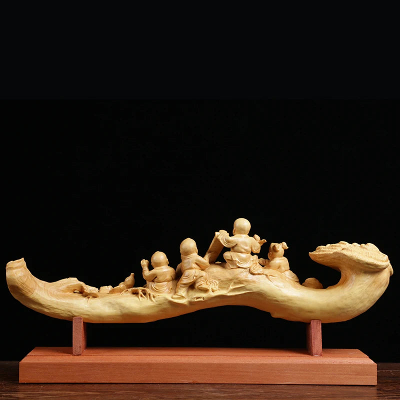 29cm Five Boys Ganoderma Ruyi Feng Shui Wood Carving Home Decoration Solid Wood Sculpture Craft Chinese Gift Collection