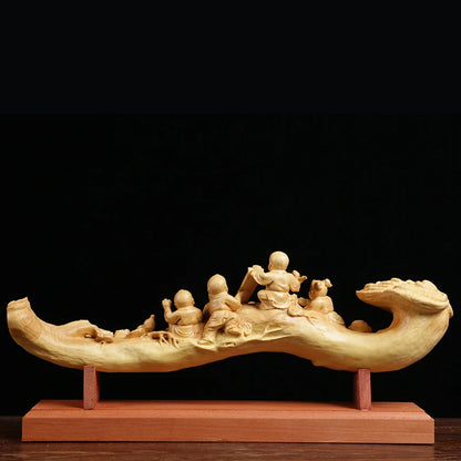 29cm Five Boys Ganoderma Ruyi Feng Shui Wood Carving Home Decoration Solid Wood Sculpture Craft Chinese Gift Collection