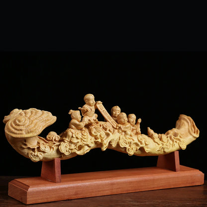 29cm Five Boys Ganoderma Ruyi Feng Shui Wood Carving Home Decoration Solid Wood Sculpture Craft Chinese Gift Collection