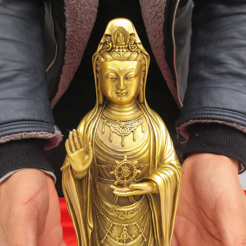 29cm HOME Family Altar Worship Safe healthy Lucky Efficacious protection Goddess Guanyin buddha image COPPER statue 50% OFF