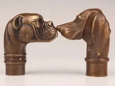 2PC Vintage Old Bronze Statues Dog Cane Walking Stick Head Handle Accessorie