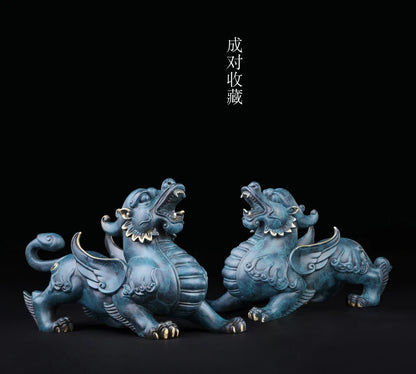 2PCS Bring in wealth and treasure office home Money Drawing GOOD LUCK Talisman 2P Retro dragon PI XIU FENG SHUI Brass statue