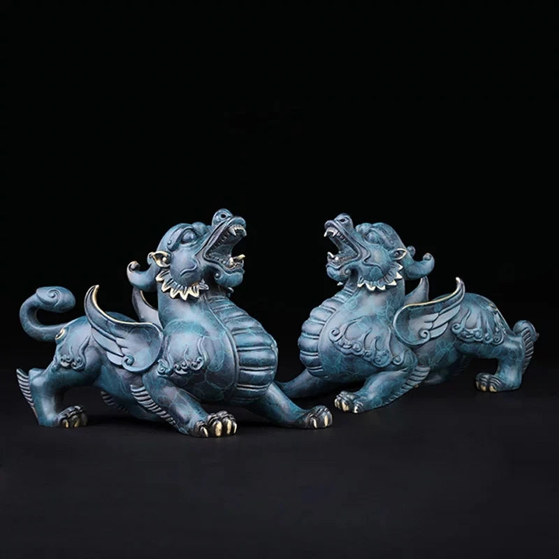 2PCS Bring in wealth and treasure office home Money Drawing GOOD LUCK Talisman 2P Retro dragon PI XIU FENG SHUI Brass statue