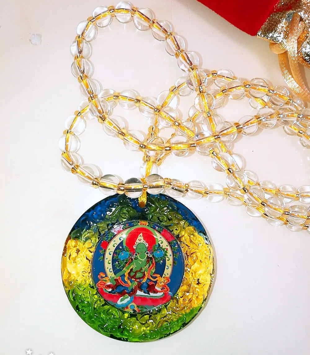 2PCS GOOD Buddhist supplies Greco-Buddhist pocket travel efficacious Mascot Bodhisattva Tara Green Mantra Crystal Pendant Amulet