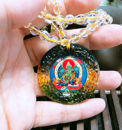 2PCS GOOD Buddhist supplies Greco-Buddhist pocket travel efficacious Mascot Bodhisattva Tara Green Mantra Crystal Pendant Amulet