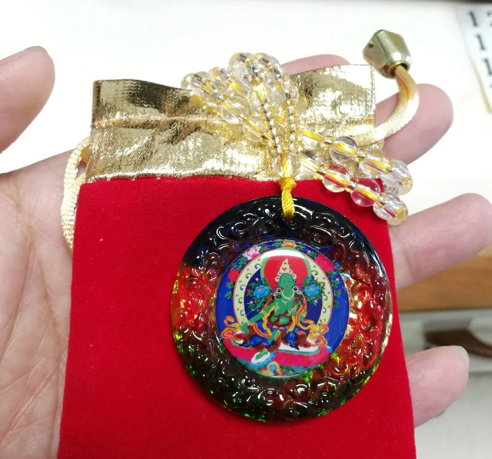 2PCS GOOD Buddhist supplies Greco-Buddhist pocket travel efficacious Mascot Bodhisattva Tara Green Mantra Crystal Pendant Amulet