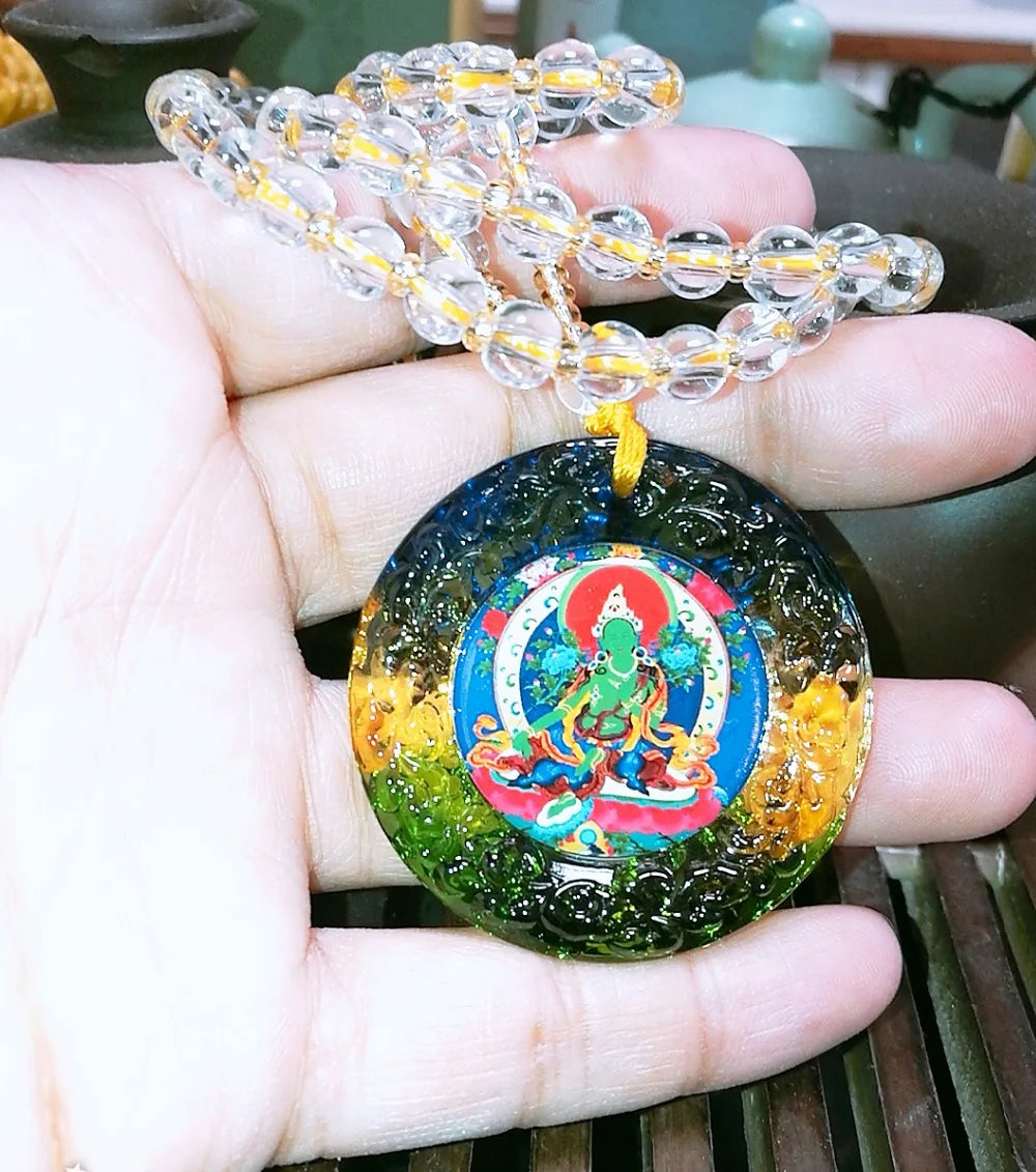 2PCS GOOD Buddhist supplies Greco-Buddhist pocket travel efficacious Mascot Bodhisattva Tara Green Mantra Crystal Pendant Amulet