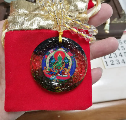 2PCS GOOD Buddhist supplies Greco-Buddhist pocket travel efficacious Mascot Bodhisattva Tara Green Mantra Crystal Pendant Amulet