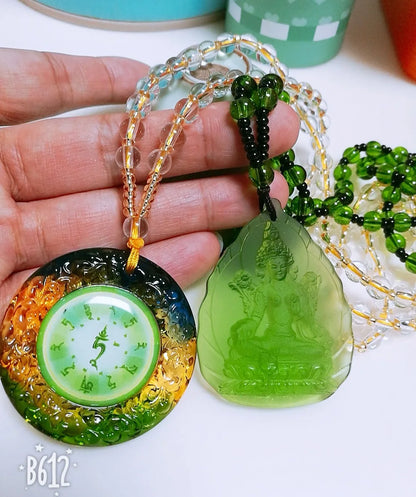 2PCS GOOD Buddhist supplies Greco-Buddhist pocket travel efficacious talisman Green Tara Buddha Crystal Mantra Pendant Amulet