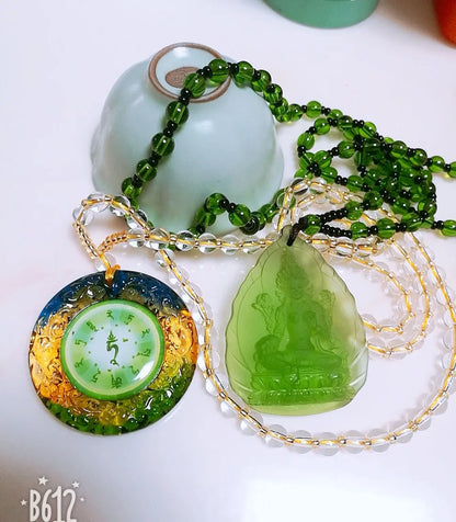 2PCS GOOD Buddhist supplies Greco-Buddhist pocket travel efficacious talisman Green Tara Buddha Crystal Mantra Pendant Amulet