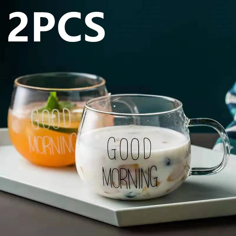 2PCS GOOD MORNING Transparent Creative Glass Coffee Mug Drinks Dessert Breakfast Milk Tea Cup Glass Mugs Handgrip Drinkware