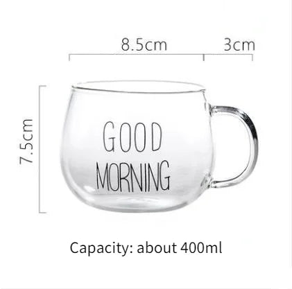 2PCS GOOD MORNING Transparent Creative Glass Coffee Mug Drinks Dessert Breakfast Milk Tea Cup Glass Mugs Handgrip Drinkware