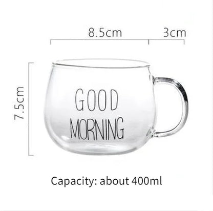 2PCS GOOD MORNING Transparent Creative Glass Coffee Mug Drinks Dessert Breakfast Milk Tea Cup Glass Mugs Handgrip Drinkware