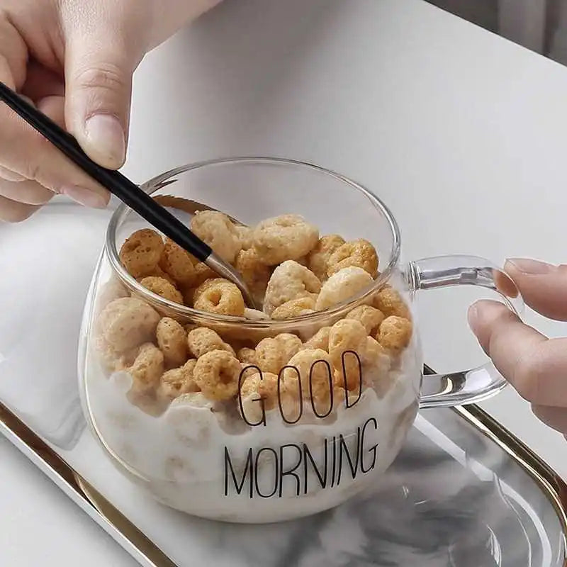 2PCS GOOD MORNING Transparent Creative Glass Coffee Mug Drinks Dessert Breakfast Milk Tea Cup Glass Mugs Handgrip Drinkware