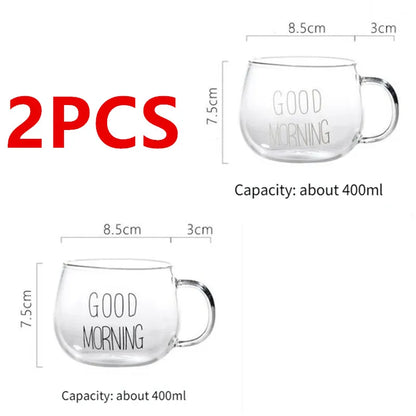2PCS GOOD MORNING Transparent Creative Glass Coffee Mug Drinks Dessert Breakfast Milk Tea Cup Glass Mugs Handgrip Drinkware