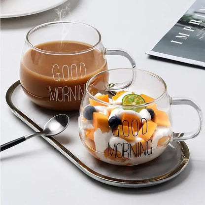 2PCS GOOD MORNING Transparent Creative Glass Coffee Mug Drinks Dessert Breakfast Milk Tea Cup Glass Mugs Handgrip Drinkware