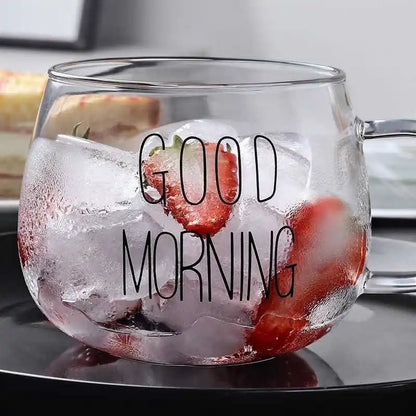 2PCS GOOD MORNING Transparent Creative Glass Coffee Mug Drinks Dessert Breakfast Milk Tea Cup Glass Mugs Handgrip Drinkware