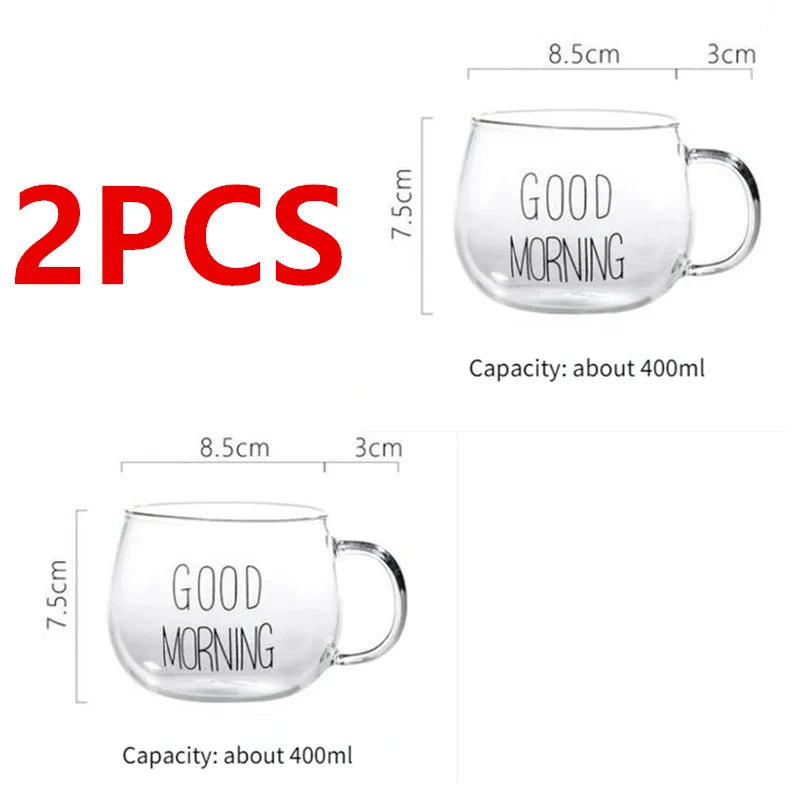 2PCS GOOD MORNING Transparent Creative Glass Coffee Mug Drinks Dessert Breakfast Milk Tea Cup Glass Mugs Handgrip Drinkware