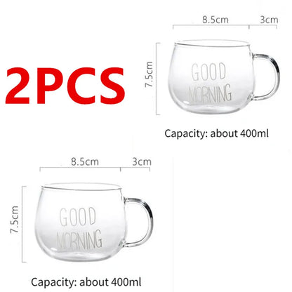 2PCS GOOD MORNING Transparent Creative Glass Coffee Mug Drinks Dessert Breakfast Milk Tea Cup Glass Mugs Handgrip Drinkware