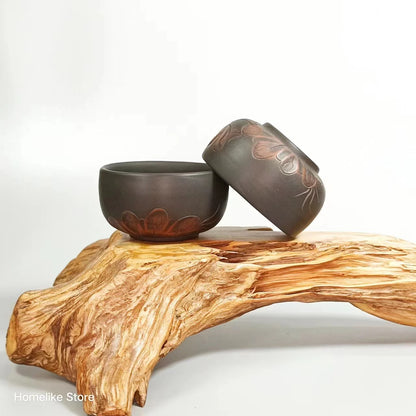 2PCS Homelike Chinese Jianshui Purple Clay Handmade  Carving Cup Tea Ceremony Ceramic Tea  TeaCups  Kung Fu Tea Set Drinkware