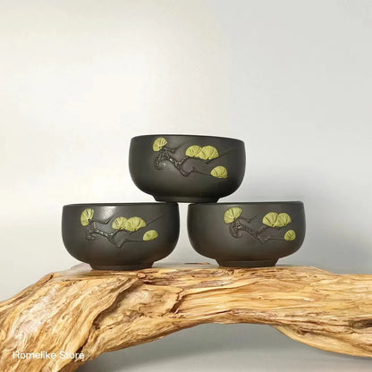 2PCS Homelike Chinese Jianshui Purple Clay Handmade  Carving Cup Tea Ceremony Ceramic Tea  TeaCups  Kung Fu Tea Set Drinkware