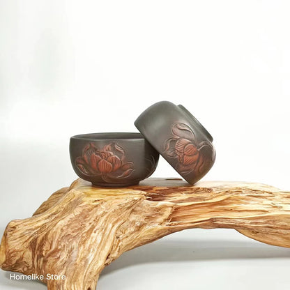 2PCS Homelike Chinese Jianshui Purple Clay Handmade  Carving Cup Tea Ceremony Ceramic Tea  TeaCups  Kung Fu Tea Set Drinkware
