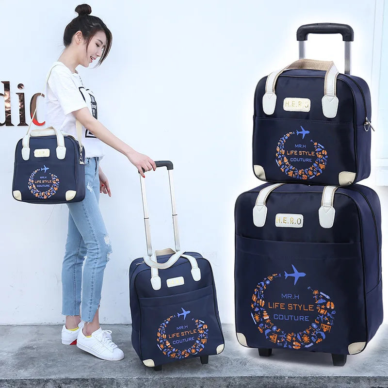 2PCS/SET Wheeled bag  travel Women travel Handbag wheels trolley bags large capacity Boarding bag Travel Luggage Suitcase Bag