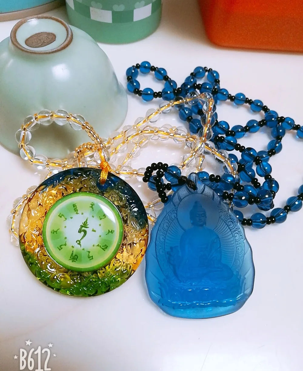 2PCS TOP Buddhist ornaments pocket travel efficacious talisman Green Tara the Medicine Buddha Crystal Mantra Safety luck Amulet