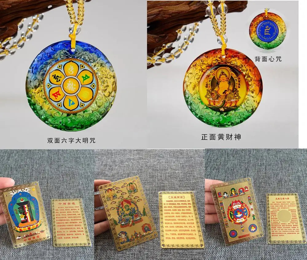 2PCS Yellow Jambhala fortune god Buddha Om mani padme hum Crystal Pendant Amulet + 3PCS multipurpose buddha talisman Golden Card