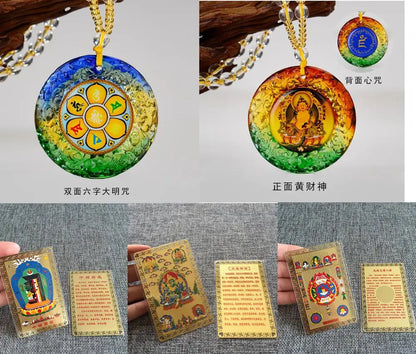 2PCS Yellow Jambhala fortune god Buddha Om mani padme hum Crystal Pendant Amulet + 3PCS multipurpose buddha talisman Golden Card