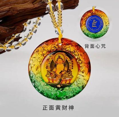 2PCS Yellow Jambhala fortune god Buddha Om mani padme hum Crystal Pendant Amulet + 3PCS multipurpose buddha talisman Golden Card