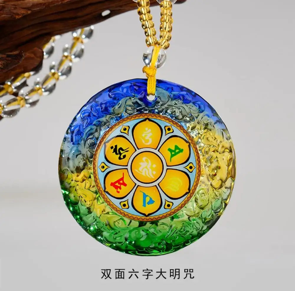 2PCS Yellow Jambhala fortune god Buddha Om mani padme hum Crystal Pendant Amulet + 3PCS multipurpose buddha talisman Golden Card