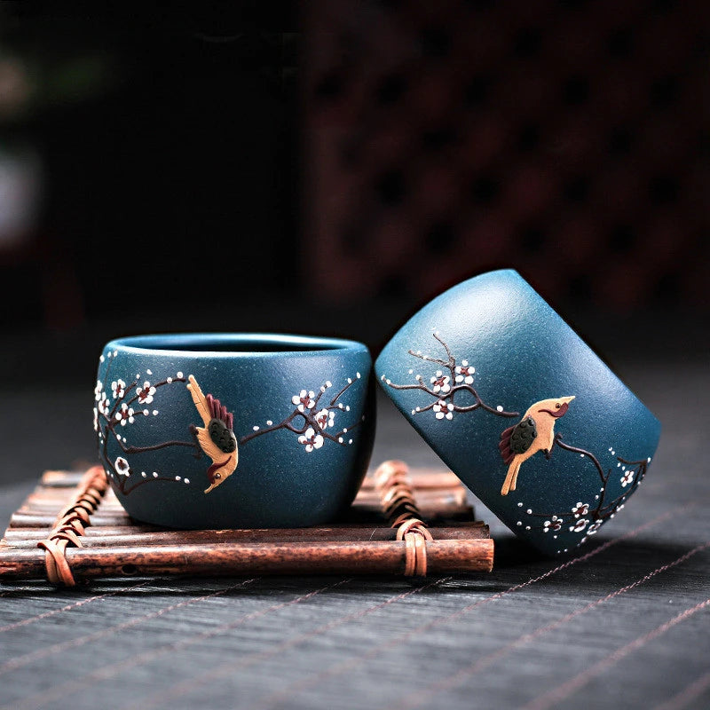 2Pcs/70ml Custom Purple Clay Teacups Hand-painted Flowers and Birds Masters Cup Tea Set Accessories Household Drinkware