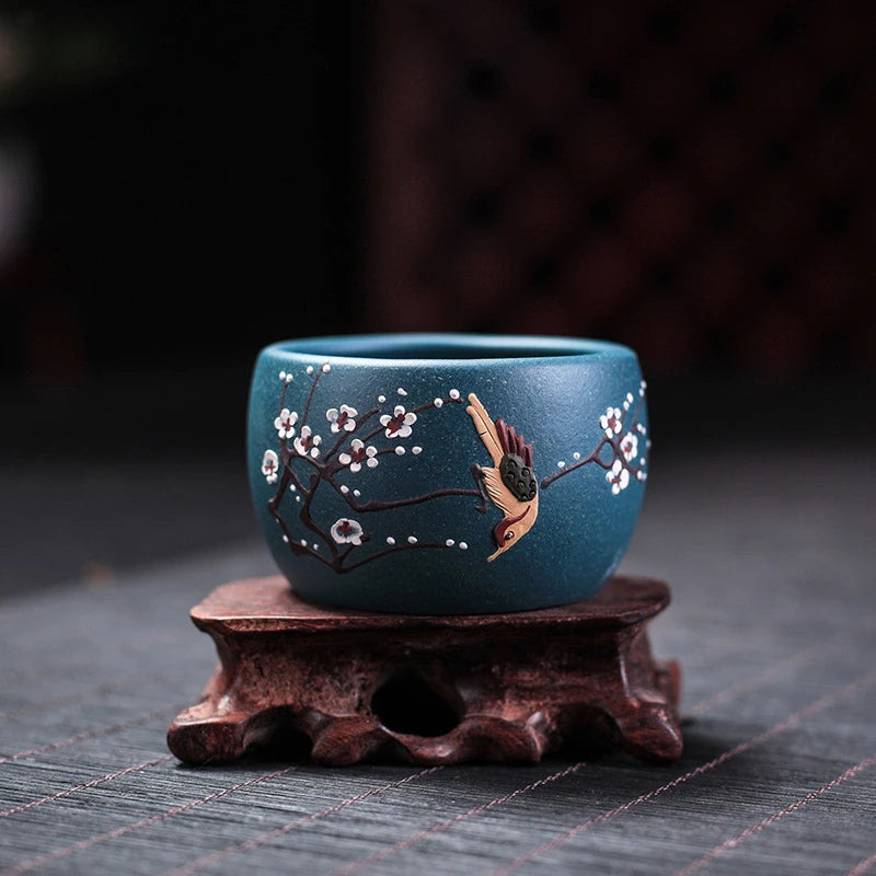2Pcs/70ml Custom Purple Clay Teacups Hand-painted Flowers and Birds Masters Cup Tea Set Accessories Household Drinkware