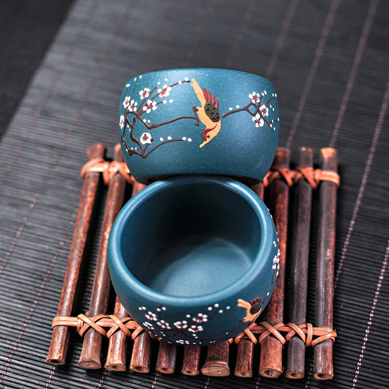 2Pcs/70ml Custom Purple Clay Teacups Hand-painted Flowers and Birds Masters Cup Tea Set Accessories Household Drinkware