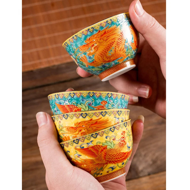 2Pcs High Quality Ceramic Teacup Enamel Color Dragon and Phoenix Pattern Tea Cup Boutique Individual Single Cup Tea Set Supplies