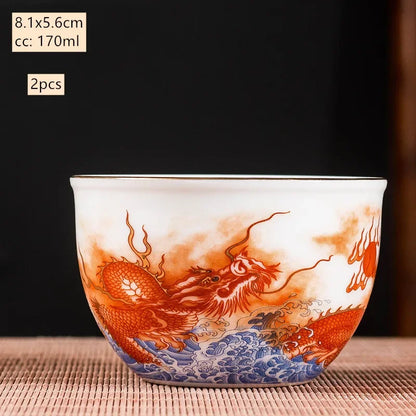 2Pcs High Quality Ceramic Teacup Enamel Color Dragon and Phoenix Pattern Tea Cup Boutique Individual Single Cup Tea Set Supplies