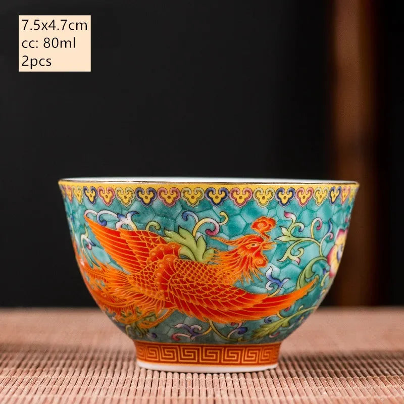 2Pcs High Quality Ceramic Teacup Enamel Color Dragon and Phoenix Pattern Tea Cup Boutique Individual Single Cup Tea Set Supplies