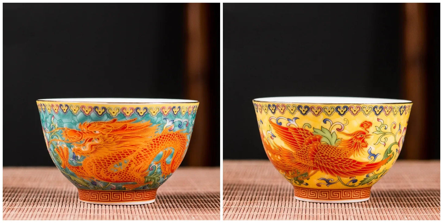 2Pcs High Quality Ceramic Teacup Enamel Color Dragon and Phoenix Pattern Tea Cup Boutique Individual Single Cup Tea Set Supplies