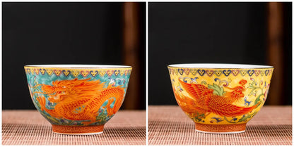 2Pcs High Quality Ceramic Teacup Enamel Color Dragon and Phoenix Pattern Tea Cup Boutique Individual Single Cup Tea Set Supplies