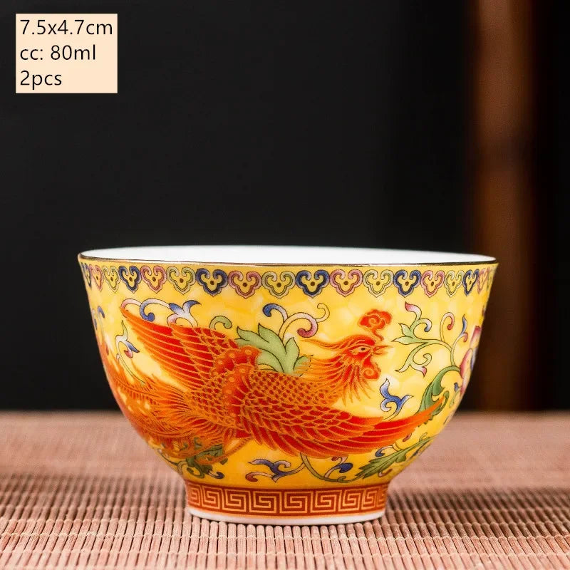 2Pcs High Quality Ceramic Teacup Enamel Color Dragon and Phoenix Pattern Tea Cup Boutique Individual Single Cup Tea Set Supplies