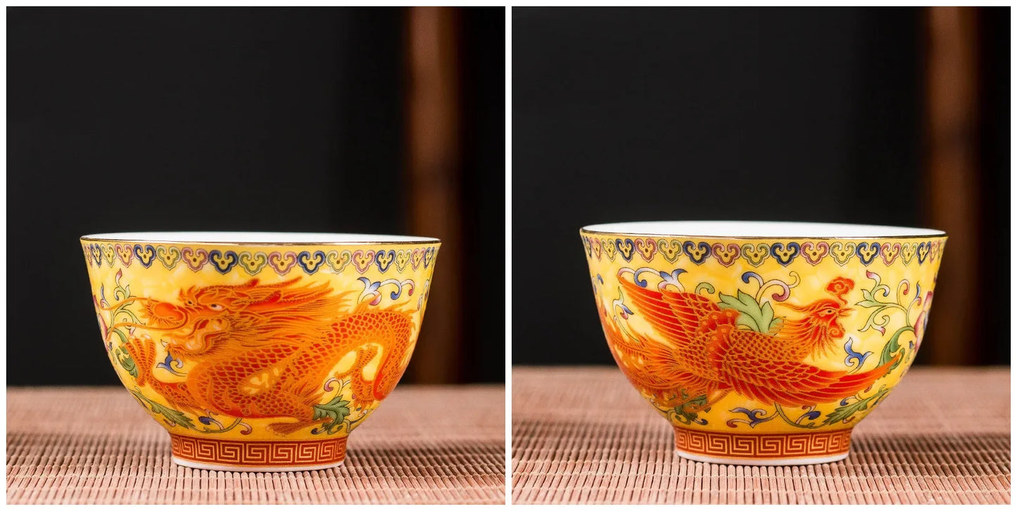 2Pcs High Quality Ceramic Teacup Enamel Color Dragon and Phoenix Pattern Tea Cup Boutique Individual Single Cup Tea Set Supplies