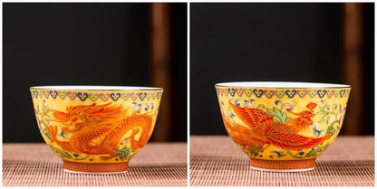 2Pcs High Quality Ceramic Teacup Enamel Color Dragon and Phoenix Pattern Tea Cup Boutique Individual Single Cup Tea Set Supplies