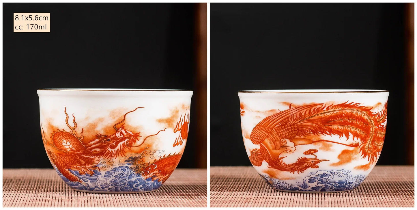 2Pcs High Quality Ceramic Teacup Enamel Color Dragon and Phoenix Pattern Tea Cup Boutique Individual Single Cup Tea Set Supplies