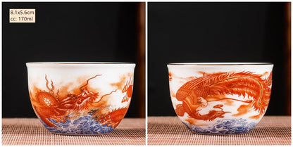 2Pcs High Quality Ceramic Teacup Enamel Color Dragon and Phoenix Pattern Tea Cup Boutique Individual Single Cup Tea Set Supplies