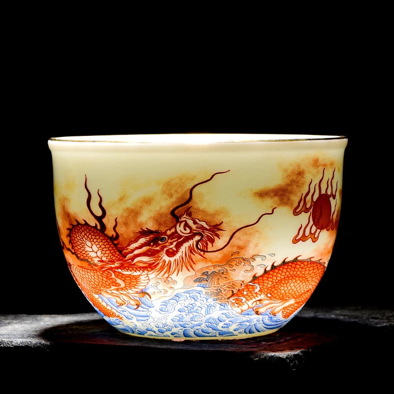 2Pcs High Quality Ceramic Teacup Enamel Color Dragon and Phoenix Pattern Tea Cup Boutique Individual Single Cup Tea Set Supplies